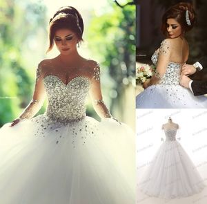 Luxurious Rhinestones Crystal Ball Gown Wedding Dresses Vintage O Neck Long Sleeves Backless Plus Size Floor-length Bridal Gowns263t