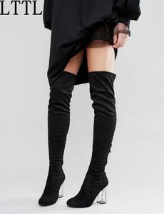 2017 여성용 플러스 사이즈 9cm 크리스털 힐 여성용 무릎 관절 패션 여성 Perspex Clear Heel Thick Heels Thigh High Boot