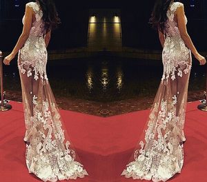 Oscar Sheer Celebrity Dresses Mermaid See Through Long Little Train Scoop Cap Sleeve Prom Dress Red Carpet 2015 Sexy Evening Dress