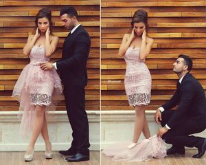 Middle East Said Mhamad Pink Short Prom Dresses With Overskirt Arabic Duabi Lace Gowns Sheath Strapless Party Dress For Graduation Cocktail