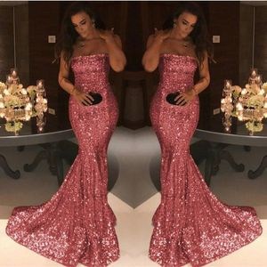 Charming Pink Sequind Prom Dress Simple Fashion Strapless Mermaid Evening Gown Party Dresses Cheap Custom Made Sweep Train Evening Dress