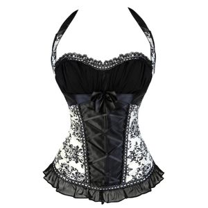 Burlesque Overbust Corset Zipper Side Clothing Satin Lace Up Boned Costume Party Showgirl Underkläder med band S-2XL