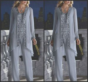 2019 New Mother Of The Bride Groom 3 Piece Pant Suit Silver Chiffon Beach Wedding Mothers Dress Long Sleeves Beads Formal Evening Wear 118