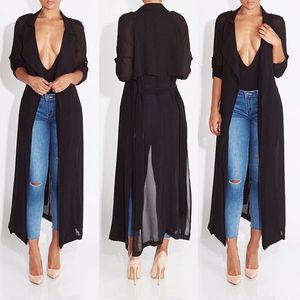 All'ingrosso- 2016 nuova moda trench manica lunga balck chiffon spolverino per donna donna soprabito outwear abito lungo abito causale sexy