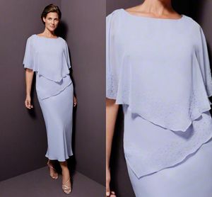 2022 Mantel Tee Länge Kleider für die Brautmutter Lavendel Perlen Chiffon Halbarm Reißverschluss Perlen Plus Size Hochzeitsgastkleid