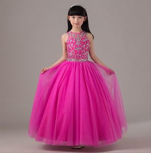 Urocza Księżniczka Fuksja Klejnot Dekolt Długi Kwiat Girl Dresses Koraliki Tulle Długość Płaska Suknia Backless Wedding Party Girl Dress