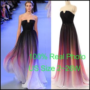 Billiga Elie Saab Evening Prom Klänningar Bälte Backless Tow Tone Black Chiffon Formal Occase Party Gowns Real Photos Plus Size Sexig