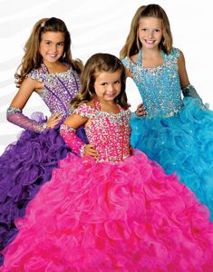 Purple Girl's Glitz Pageant Dresses Ball Gown Organza Flower Girl Dress Hand Made Flowers Beads Crystals Tiers Toddler Pageant Dresse