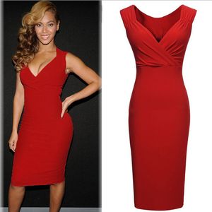 Damenbekleidung für Damen, tailliert, schmal, dehnbar, rot, sexy Beyoncé, figurbetontes Bleistift-Etuikleid mit V-Ausschnitt, formelles Abschlussball-Cocktail-Abend-Partykleid 7841