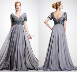 Elie Saab 2017プラスサイズのドレスの花嫁vネックアップリケの母シフォンの床の長さとサイズの背中の背景の灰色のイブニングガウン母