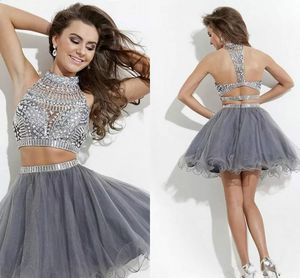 Sexy Graduation Dresses A-line high neck tulle Embellished two-piece Prom Dresses beaded homecoming Dress Rachel Allan New style LA147