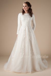 Nowe arabskie koronkowe skromne suknie ślubne z długim rękawem A-line koralikowe koronkowe aplikacje Świątynia LDS Suknia ślubna Couture Custom Made