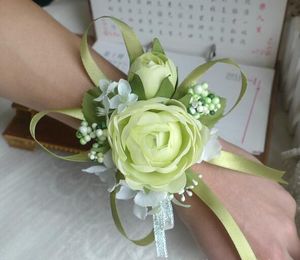 赤白紫色ピンクブルーの結婚式の手首の花の手作り人工ローズブーケの花嫁介添人ブライダルデコレーションアクセサリーBF01