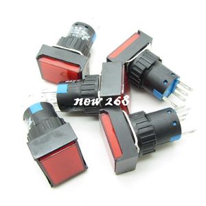 Rektangel Röd Moment Push Button Switch + DC12V Llight No-Com-NC 16mm 5PIN 3A 25st / parti