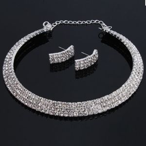 Mulheres moda jóias três fileiras triplas strass bling bling prata colar gargantilha bridagem conjunto para casamento noiva