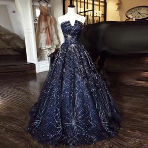 Dark Navy Ball Gown Prom Dresses Strapless Lace-up Back Sweep Train Shining Sequins Beads Long Evening Dress Real Pictures Quinceanera Dress