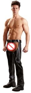 Novelty Mens PU Leather Long Pants Adjustable Belt Buckle Zipper Side Trousers Erotic Open Back Hollow Pants Night Clubwear