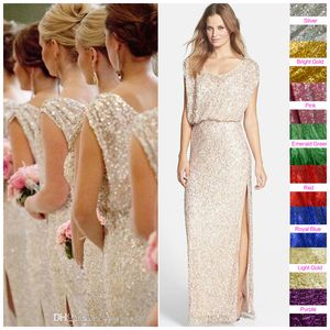 Sequins Rose Gold Long Bridesmaid Dresses Plus Size Split Scoop Champagne Sparkly Maid of Honor Bridal Wedding Party Gowns Custom Made