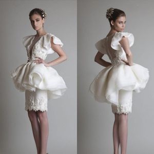 Krikor Jabotian Short Wedding Dresses Trumpet Sleeves Appliques Organza Sheath Knee Length Peplum Short PromDresse Backless Bridal Gowns