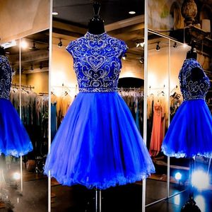 Gorgeous Royal Blue Homecoming Dress Tulle Beaded High Neck Prom Dress Cap Krótkie Rękawy Krótka sukienka Party Vestidos de Festa
