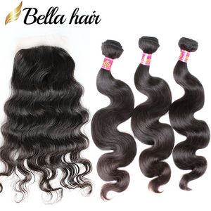 Chiusura in pizzo con base in seta 4x4 con fasci di capelli capelli vergini brasiliani chiusura onda del corpo estensione trama capelli umani colore naturale 4pz lotto