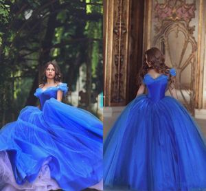 Cinderella Prom Dresses Off Shoulder Pleats Ice Blue Puffy Princess Dresses Evening Wear Tulle Quinceanera Special Ball Gown Evening Gowns