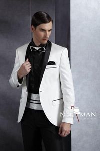 Najlepiej sprzedający jeden przycisk Szal Lape White Groom Tuxedos Men Wedding / Prom Dresses Garnitur (kurtka + spodnie + krawat + pas] nr 01