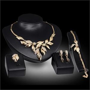 New Women 18K Gold Plated Crystal Leaves Necklace Ring Bracelet Earrings Wedding Party Fashion Jewelry Set