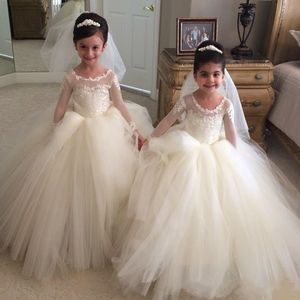 Princesa vestido de baile vestidos da menina de flor para casamentos sheer decote mangas compridas meninas pageant vestidos apliques de renda crianças vestido de noiva
