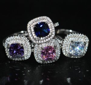 Pave Установка 4 цвета Двухрядные CZ Алмазный Роскошные ювелирные изделия стерлингового серебра 925 Потрясающие Sapphire Бриллиантовые партия подарков женщин обручальное кольцо