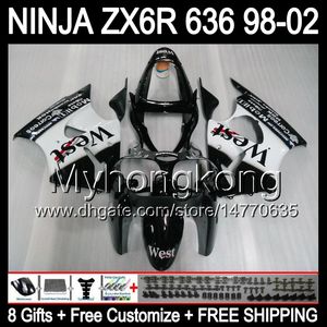 8Gifts + corpo para KAWASAKI ZX6R 98-02 ZX636 Preto oeste ZX 636 MY37 ZX6R ZX 6R 98 99 00 01 02 1998 1999 2000 2001 2002 Fairing Branco