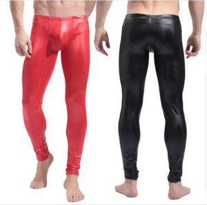Top Quality Mens Black / Red Faux Patent Läder Skinny Pencil Pants PU Latex Stretch Leggings Män Sexiga Clubwear Bodywear Byxor