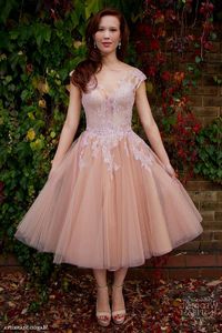 Wholesale boho wedding dresses blush for sale - Group buy Blush Vintage Tea Length Wedding Dresses Boho Illusion Lace Bohemian Wedding Dress Tulle Cheap Country Wedding Dresses Short Cap Sleeve Gown