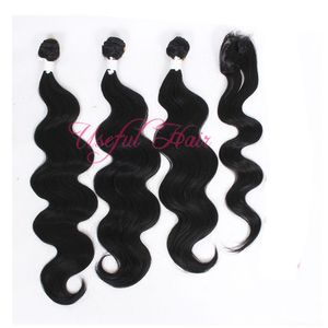 Omnre Blue Body Wave Hair Weaves Elash Christmas 4 buntar med stängning Sy i hårväv Marley Machine Dubbelhår Wefts Vävar stängning