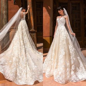 Lace Appliqued Bröllopsklänningar En linje Sheer Bateau Neck Bridal Gowns Chapel Tulle Vestido de Novia Plus Storlek Bröllopsklänning