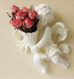 Vasen, künstliche Blumen, Europäismus, umweltfreundlicher Engel aus Kunstharz, Wandvase mit drei Zweigen künstlicher Blumen zum Verkauf