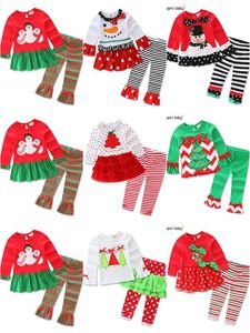 7 Styl Baby Girls Boys Christmas Stroje sztuk Zestaw Tshirt Spodnie Dzieci Cartoon Haft Xmas Deer Sanda Dress Stripe Wzburzyć Spodnie Garnitury