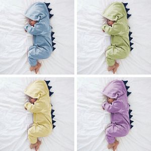 Tecknad dinosaur design hooded baby rompers nyfödda kläder bomull långärmad jumpsuits pojkar flickor en bit kostym baby kläder 6 färger