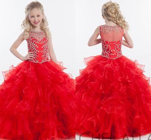 Tiers Ruffle Girls Pageant Dresses Rachel Allan Rhinestones Beaded Sheer Neck Kids Formal Occasion Ball Gowns Custom Made HY1134