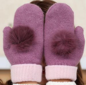 Woolen Gloves Warm And Soft Winter Ladies Mittens Solid Grace Rabbit Fur Ball Double Layer Match Colors