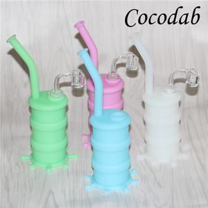 Glow in dark silicon dab rigs bubblers Hookahs with Clear 4mm 14mm male quartz nails and glass down stem silicone oil barrel rig