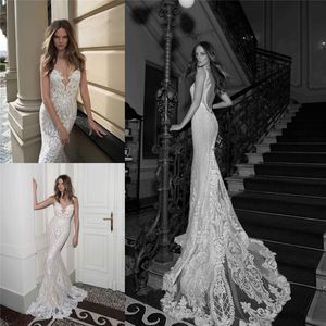 Berta Bridal Lace 웨딩 드레스 Jewel Neckline Sheer Back 신부 가운 Floor Length Mermaid 웨딩 드레스