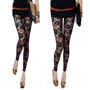 Atacado-Black White Rose Lace Através Leggings Pants Footless Sexy Para Mulheres Lady