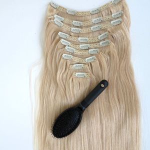 320g 9pcs/1Set Clip in Hair Extensions #60/Platinum Blonde 20 22inch Brazilian Indian Remy Human Hair double drown