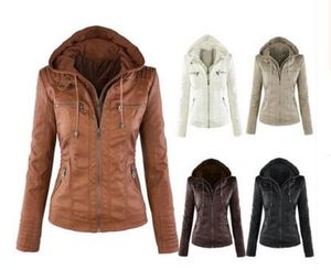 Damen PU-Lederjacke, Kapuze, Revers, Reißverschlusstaschen, abnehmbare Jacken, Mantel, Übergröße, S-7XL