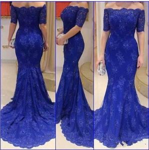 Elegant Royal Blue Formal Evening Party Dresses Off Shoulder Half Sleeve Lace Appliqued Prom Gown Vestido Longo Mother Bride Grows