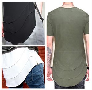 Partihandel-US Style Extended T Shirt Mäns Ny Personliga Fishtail Multi Fold Curved Hem Zipper Short Sleeve Longline T Shirts Hip Hop