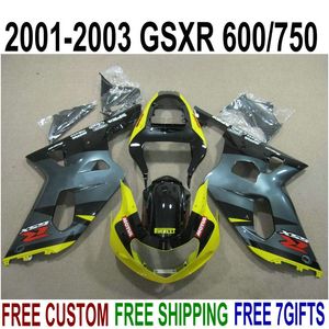 7 gifts perfect fit for SUZUKI GSX-R600 GSX-R750 01 02 03 fairing kit K1 GSXR600/750 2001-2003 yellow black fairings set XA90