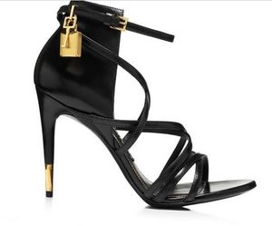 Paet Free Shipping Leather Ladies CM High Heel Dress Shoes Metal Lock Key Open Toe Sandals Black White Colour Siz