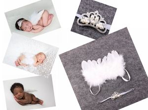 1Set baby flicka vit fjädrade ängel vingar tunna elastiska hårband pärla krona hår tillbehör perfekt nyfödd / moderskap foto prop ym6113